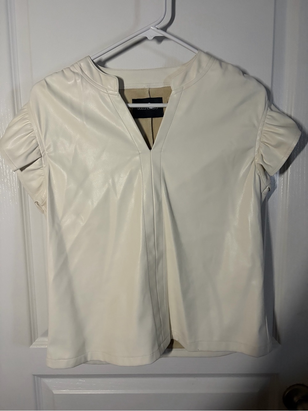 Dolce Cabo Cream Faux Leather Short Sleeve Blouse